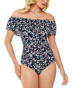 Swim Solutions VINTAGE DITSY NAVY Off-the-Shoulder One-Piece Swimsuit Size 14
