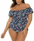Swim Solutions VINTAGE DITSY NAVY Off-the-Shoulder One-Piece Swimsuit Size 14