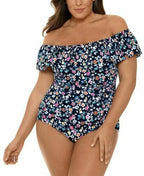 Swim Solutions VINTAGE DITSY NAVY Off-the-Shoulder One-Piece Swimsuit Size 14
