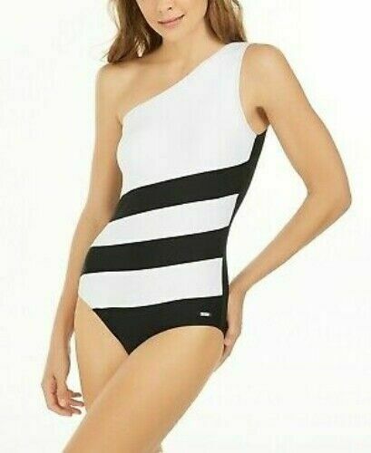 DKNYs Olive/Black Colorblocked One-Shoulder One-Piece Swimsuit Color Olive/Black Size 12