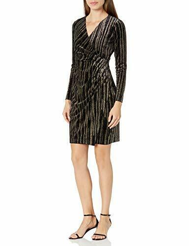 Calvin Klein Women's Velvet Glitter Faux Wrap Dress  Color Black/Gold Size 10