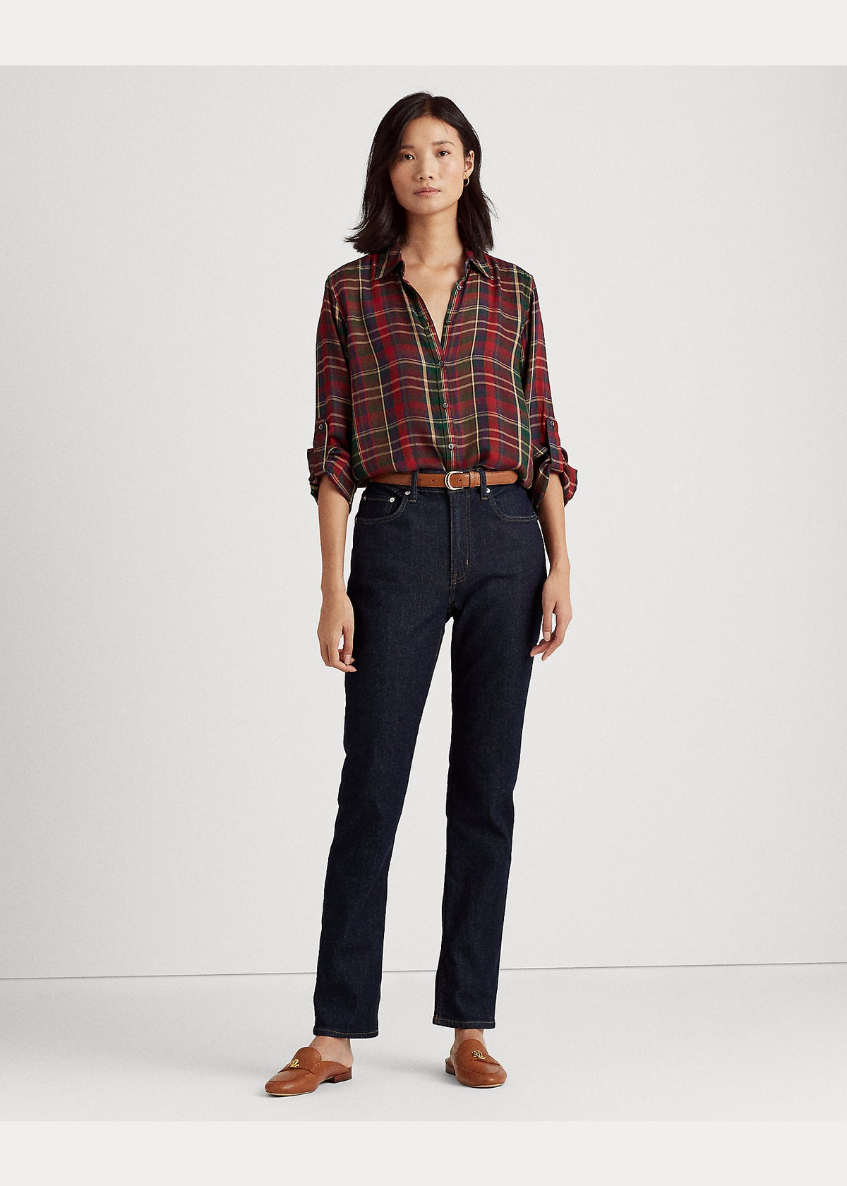 Lauren Ralph Lauren Women's Plaid Roll-Tab-Sleeve Twill Shirt  Red Multi Size L