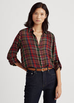 Lauren Ralph Lauren Women's Plaid Roll-Tab-Sleeve Twill Shirt  Red Multi Size L