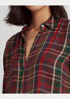 Lauren Ralph Lauren Women's Plaid Roll-Tab-Sleeve Twill Shirt  Red Multi Size L