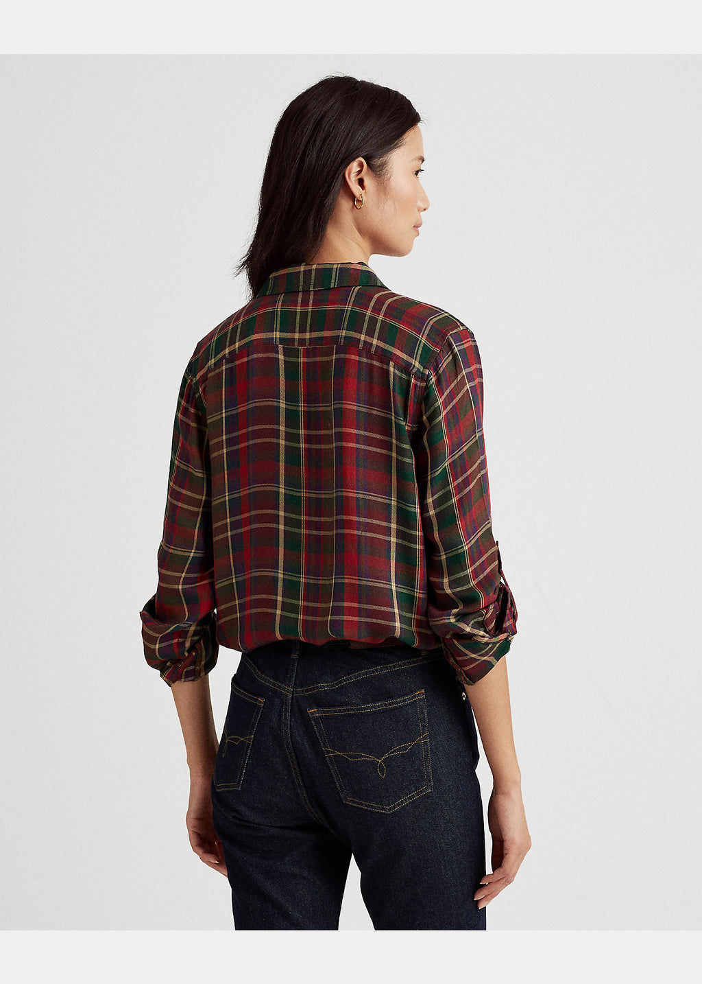 Lauren Ralph Lauren Women's Plaid Roll-Tab-Sleeve Twill Shirt  Red Multi Size L