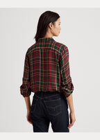 Lauren Ralph Lauren Women's Plaid Roll-Tab-Sleeve Twill Shirt  Red Multi Size L