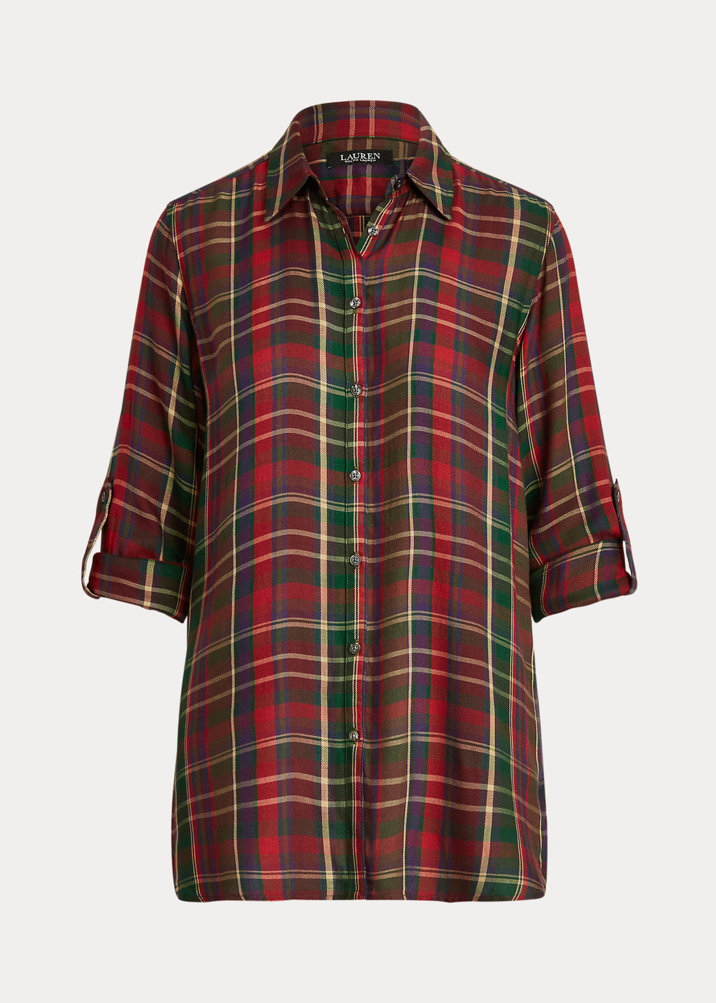 Lauren Ralph Lauren Women's Plaid Roll-Tab-Sleeve Twill Shirt  Red Multi Size L