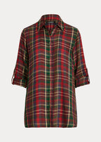 Lauren Ralph Lauren Women's Plaid Roll-Tab-Sleeve Twill Shirt  Red Multi Size L