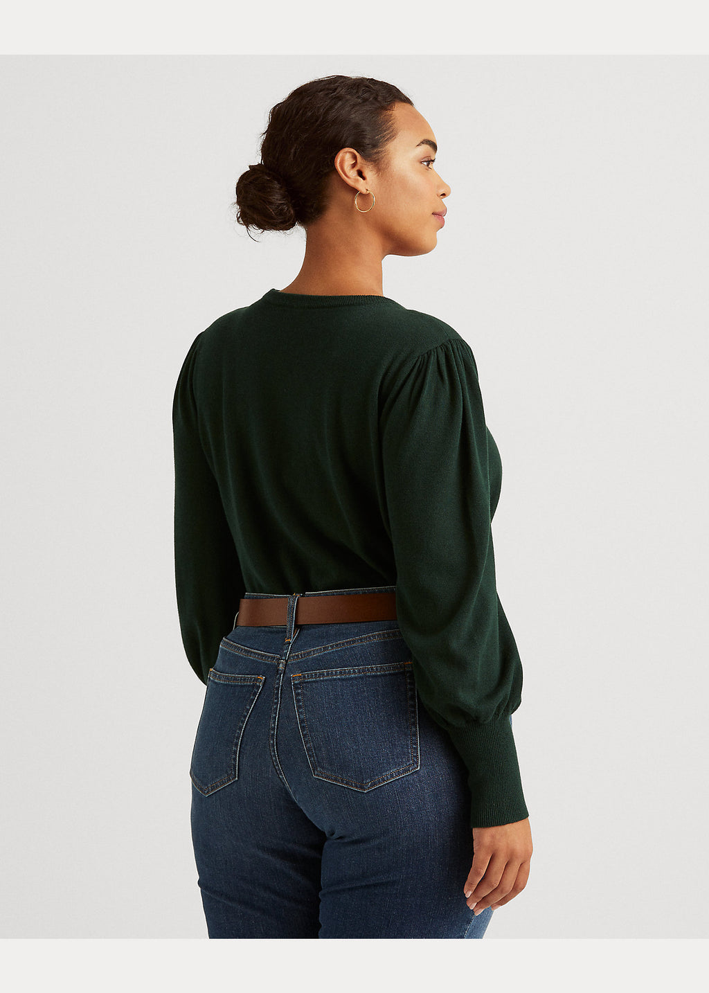 Lauren Ralph Lauren Puff-Sleeve Cotton-Blend Sweater  Color Deep Pine Size L