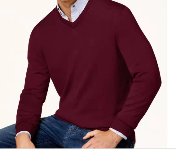 Club Room Men's Solid V Neck Merino Wool Blend Sweater  Color Red Plum Size 2XL